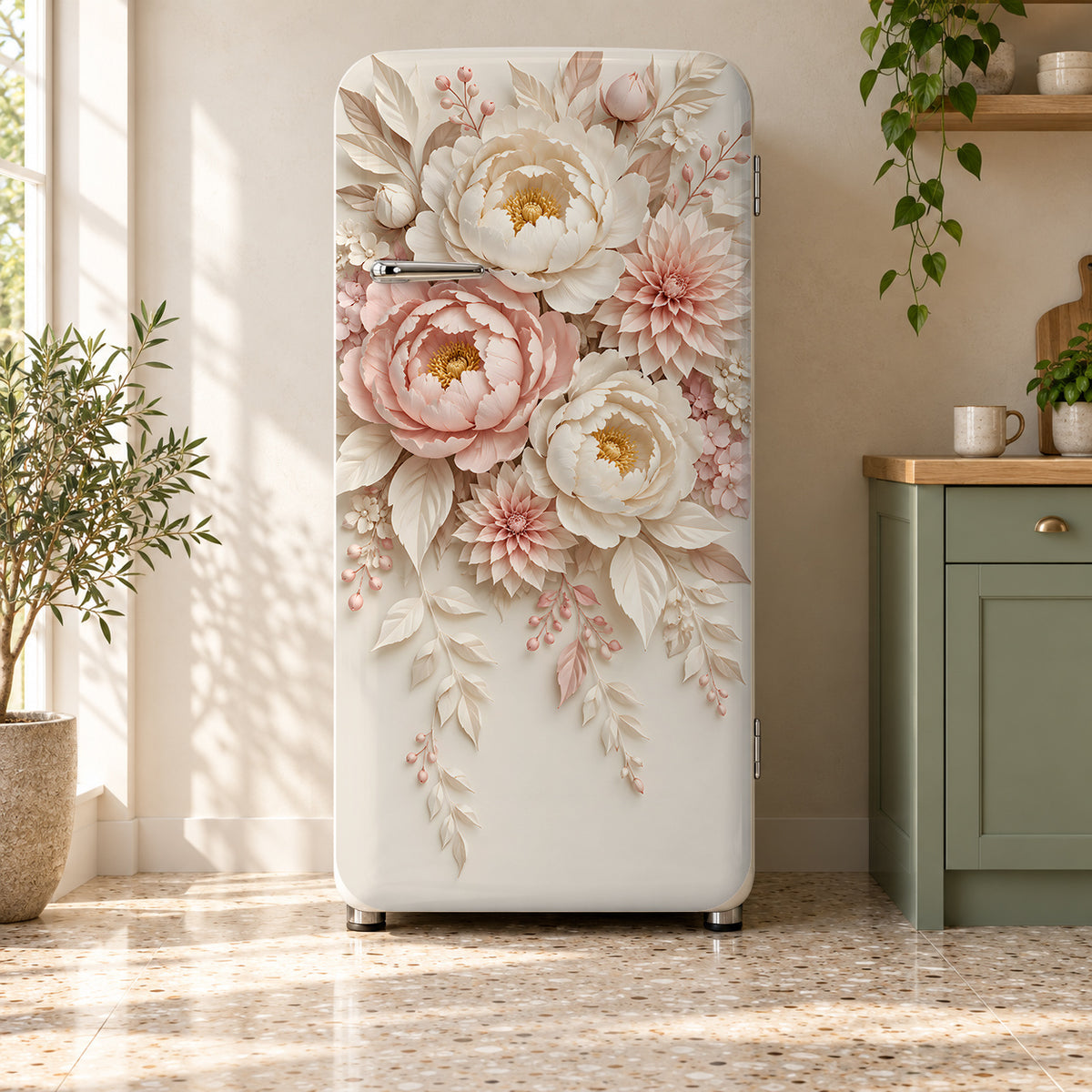 Paper Flowers fridge wrap on a retro refrigerator