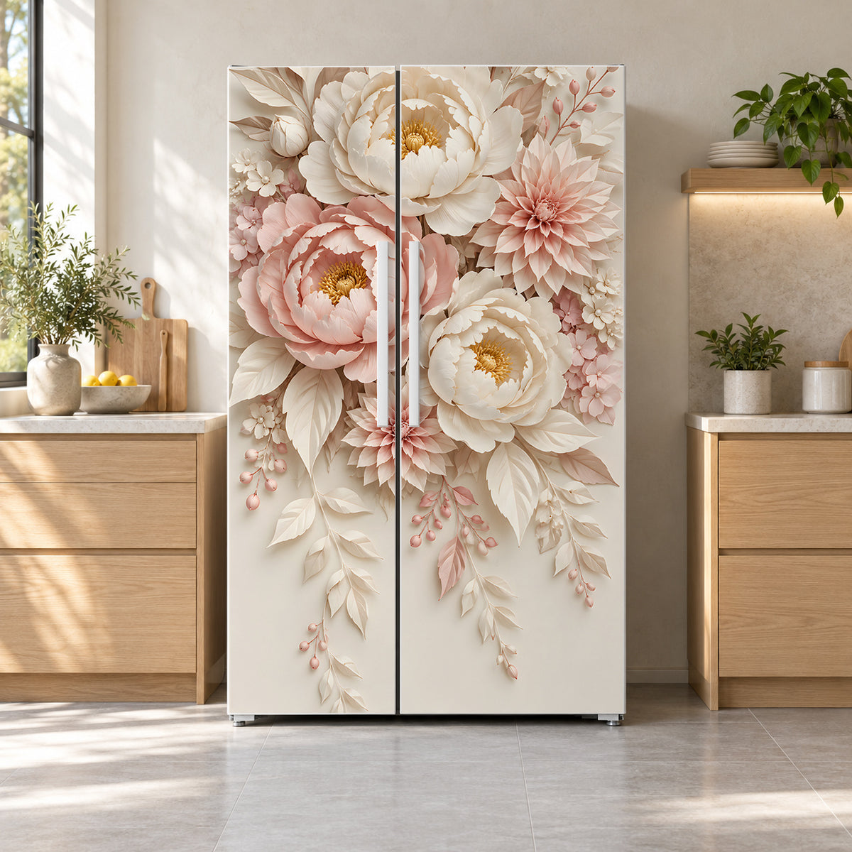 Paper Flowers fridge wrap on a side-by-side refrigerator
