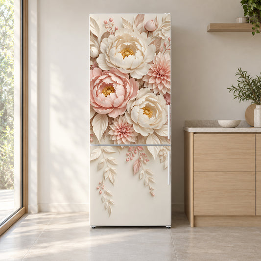 Paper Flowers fridge wrap on a white refrigerator in a bright kitchen