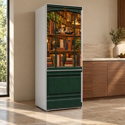 Paris Bookshop Window fridge wrap, refrigerator shown at an angle