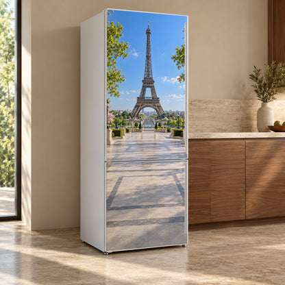 Paris Eiffel Tower fridge wrap, refrigerator shown at an angle