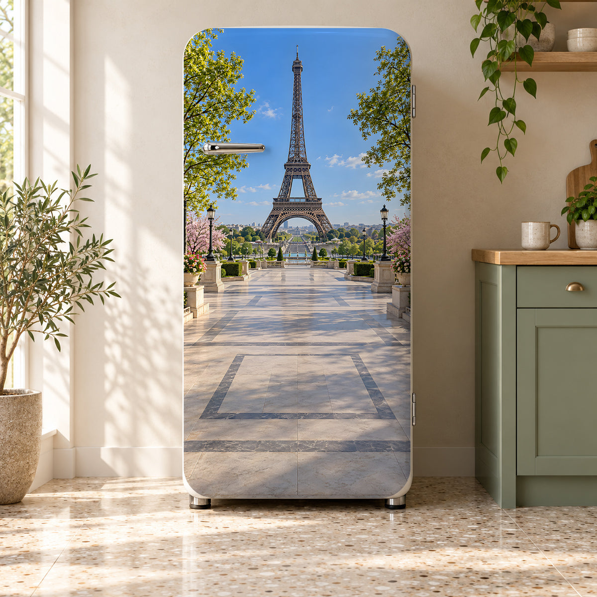Paris Eiffel Tower fridge wrap on a retro refrigerator