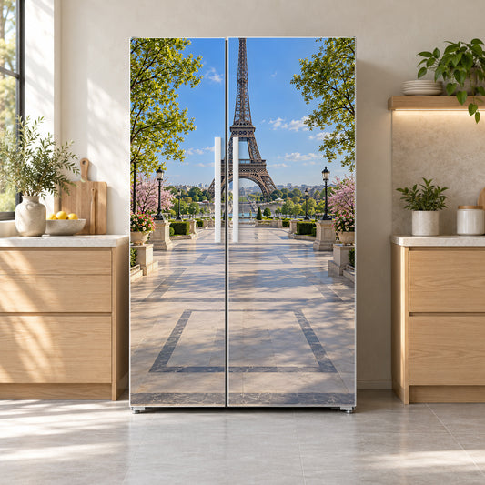Paris Eiffel Tower fridge wrap on a side-by-side refrigerator