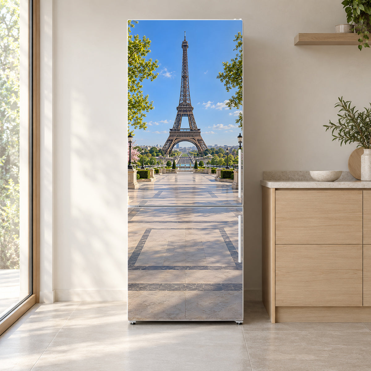 Paris Eiffel Tower fridge wrap on a white refrigerator in a bright kitchen