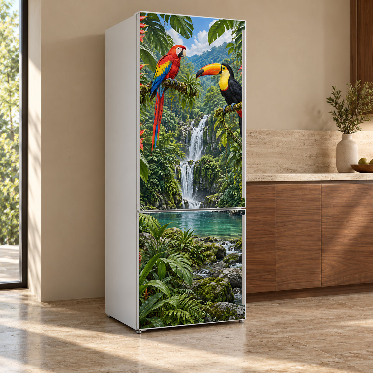 Parrots & Toucan fridge wrap, refrigerator shown at an angle
