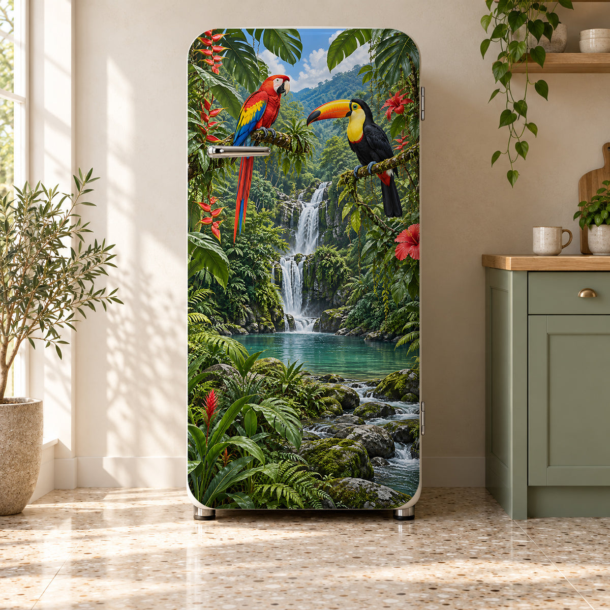 Parrots & Toucan fridge wrap on a retro refrigerator
