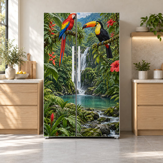 Parrots & Toucan fridge wrap on a side-by-side refrigerator