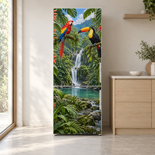 Parrots & Toucan fridge wrap on a white refrigerator in a bright kitchen