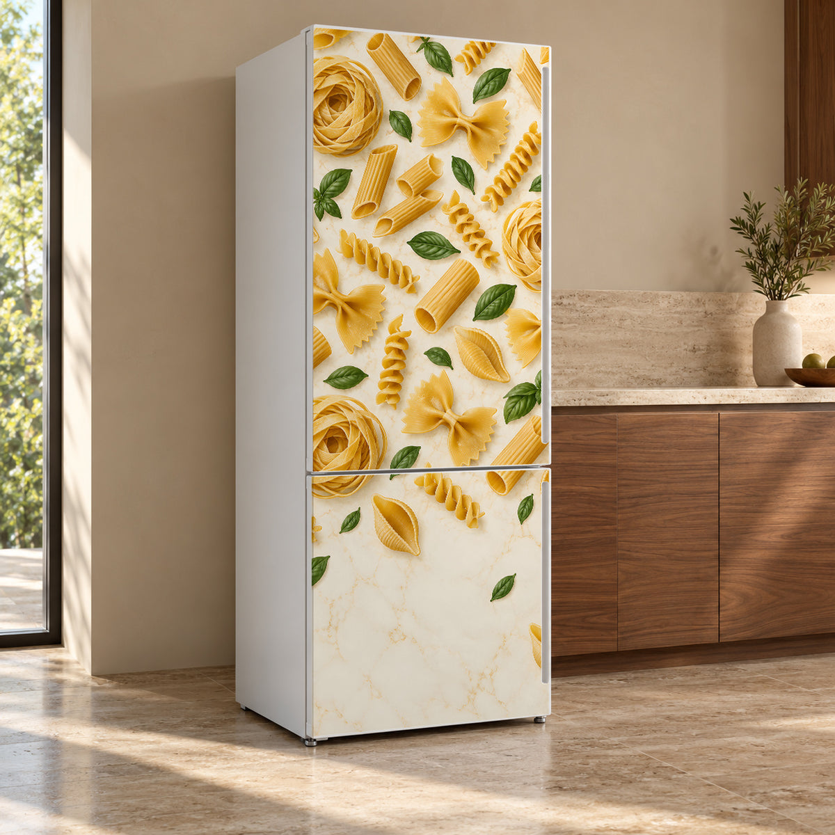 Pasta Shapes fridge wrap, refrigerator shown at an angle