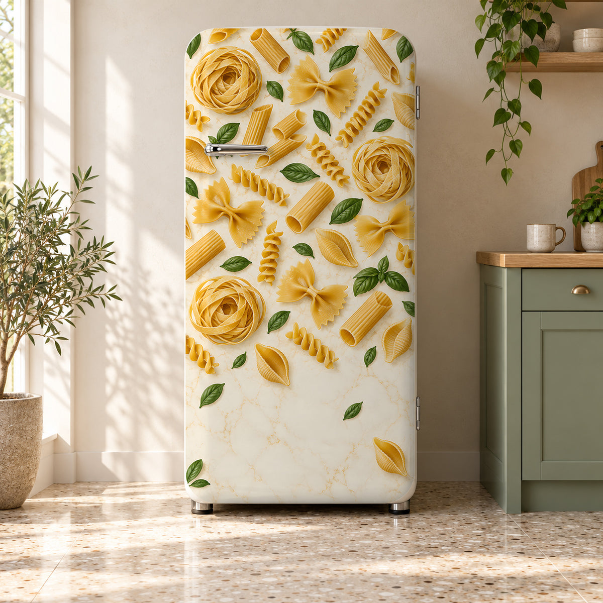 Pasta Shapes fridge wrap on a retro refrigerator