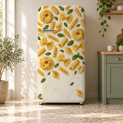 Pasta Shapes fridge wrap on a retro refrigerator