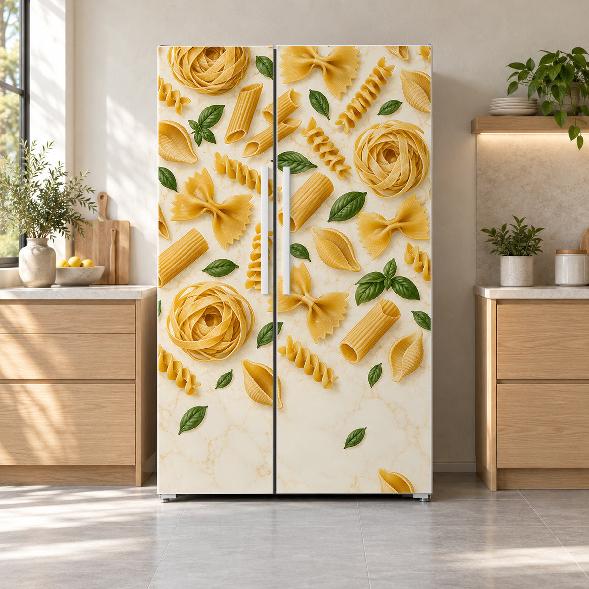 Pasta Shapes fridge wrap on a side-by-side refrigerator