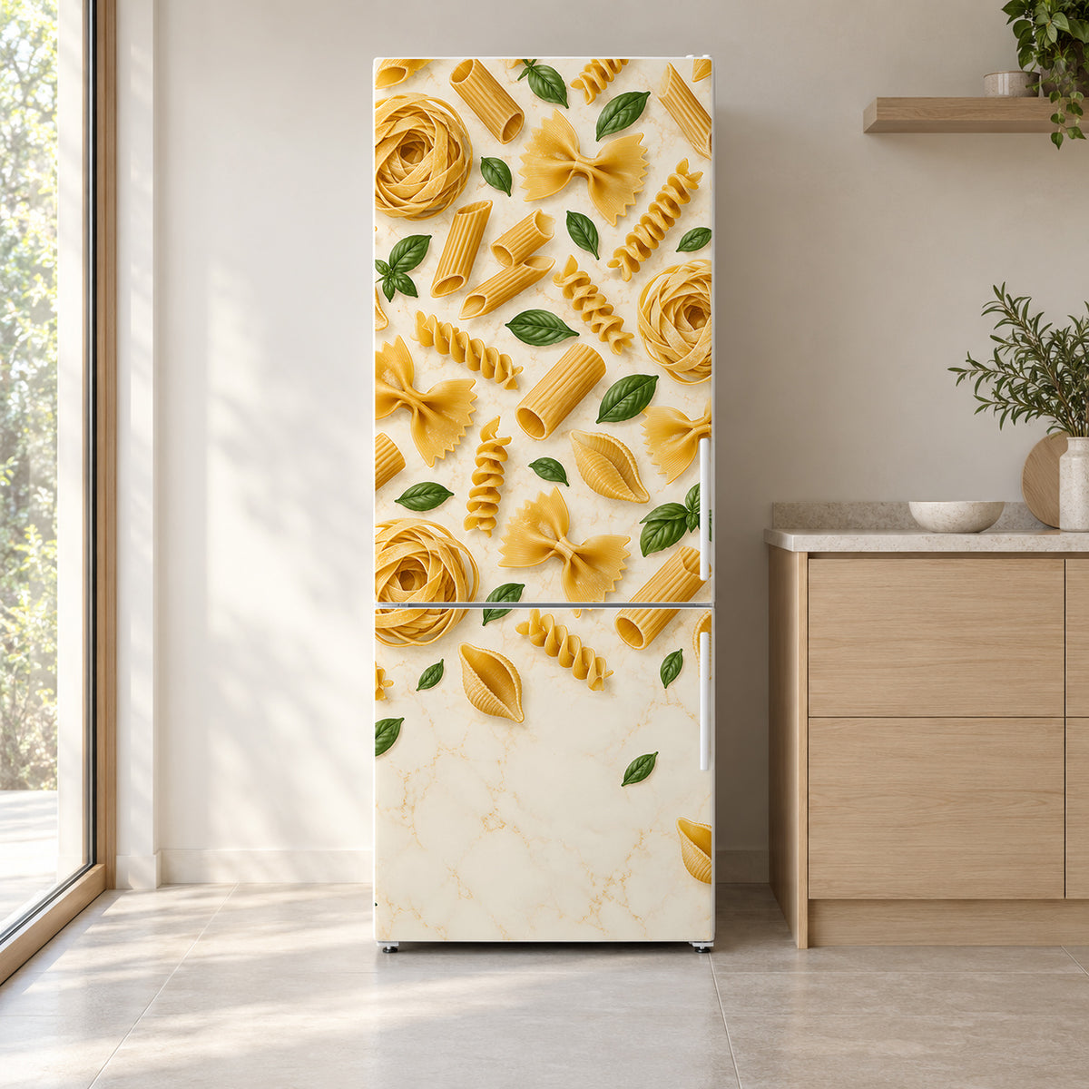 Pasta Shapes fridge wrap on a white refrigerator in a bright kitchen