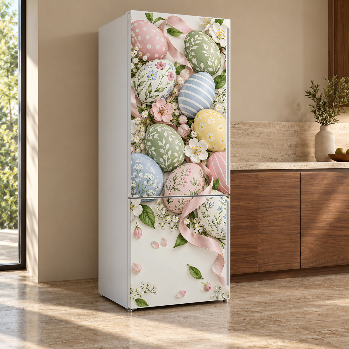 Pastel Easter Eggs fridge wrap, refrigerator shown at an angle