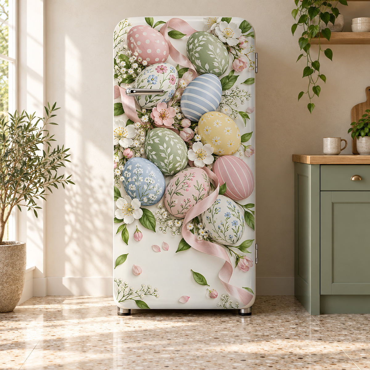 Pastel Easter Eggs fridge wrap on a retro refrigerator