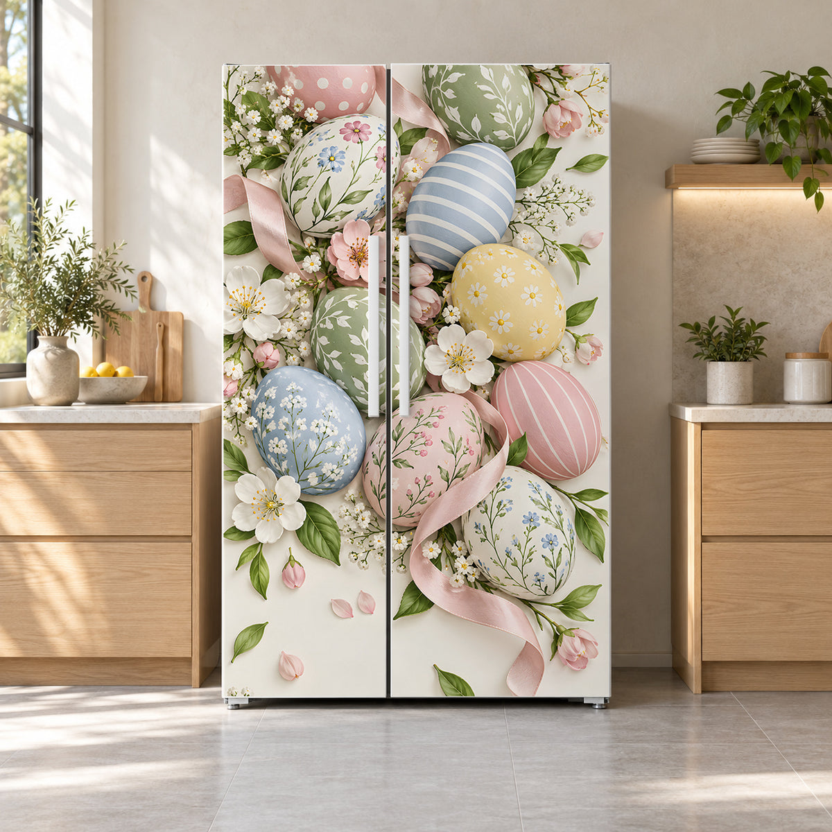 Pastel Easter Eggs fridge wrap on a side-by-side refrigerator