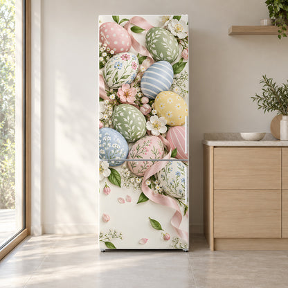 Pastel Easter Eggs fridge wrap on a white refrigerator in a bright kitchen