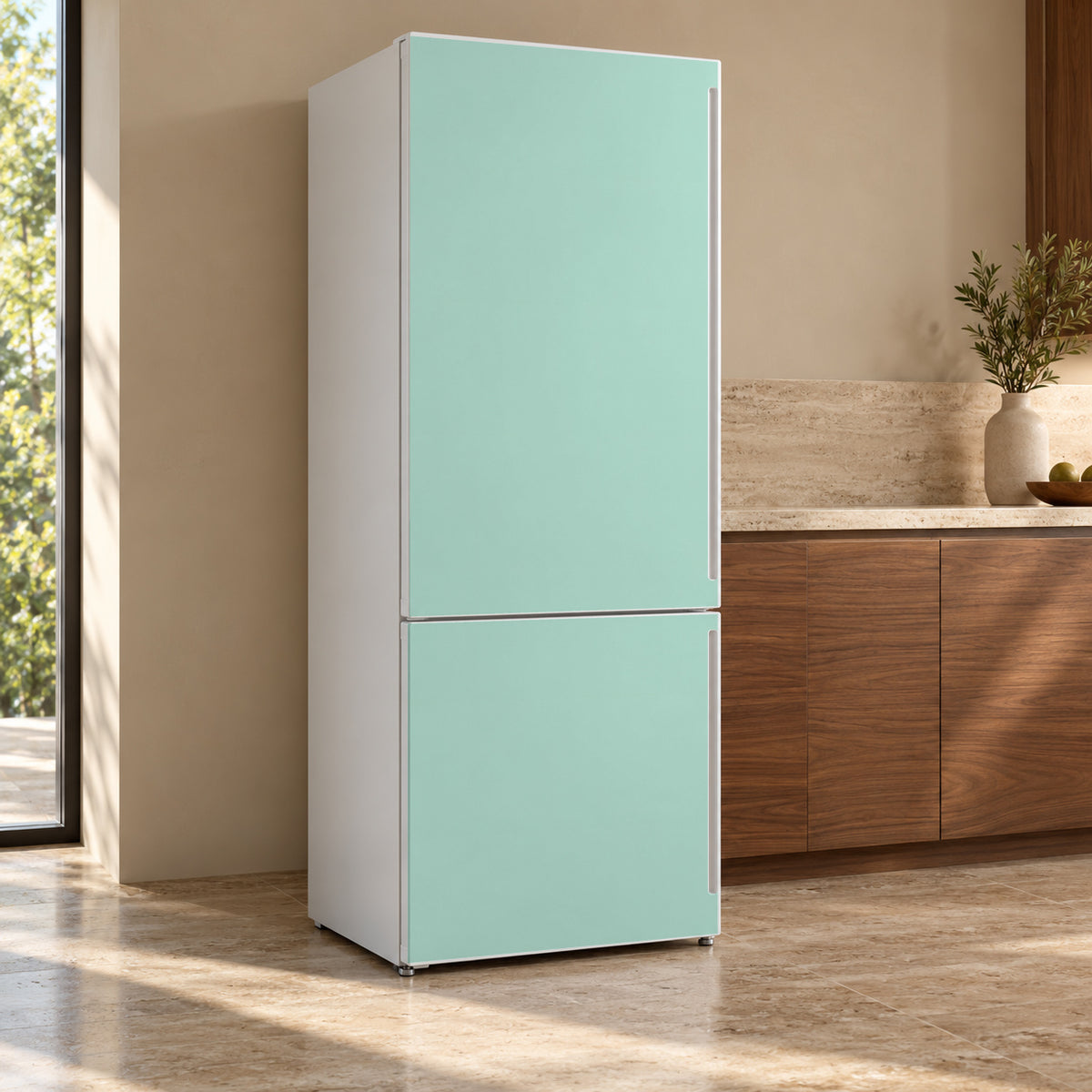 Pastel Mint fridge wrap, refrigerator shown at an angle