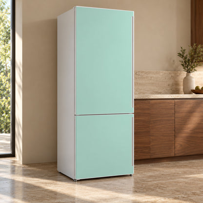Pastel Mint fridge wrap, refrigerator shown at an angle