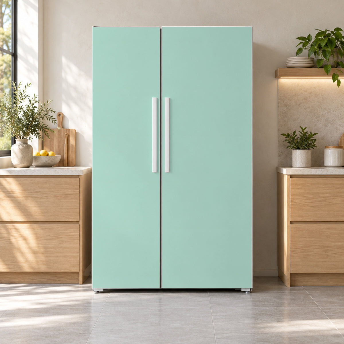 Pastel Mint fridge wrap on a side-by-side refrigerator