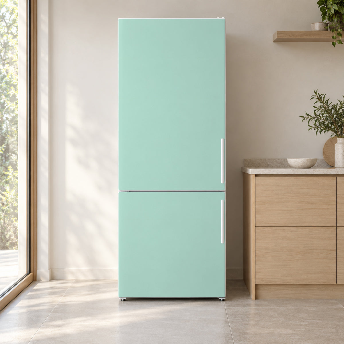 Pastel Mint fridge wrap on a white refrigerator in a bright kitchen