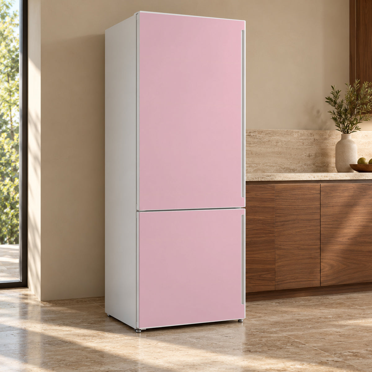 Pastel Pink fridge wrap, refrigerator shown at an angle