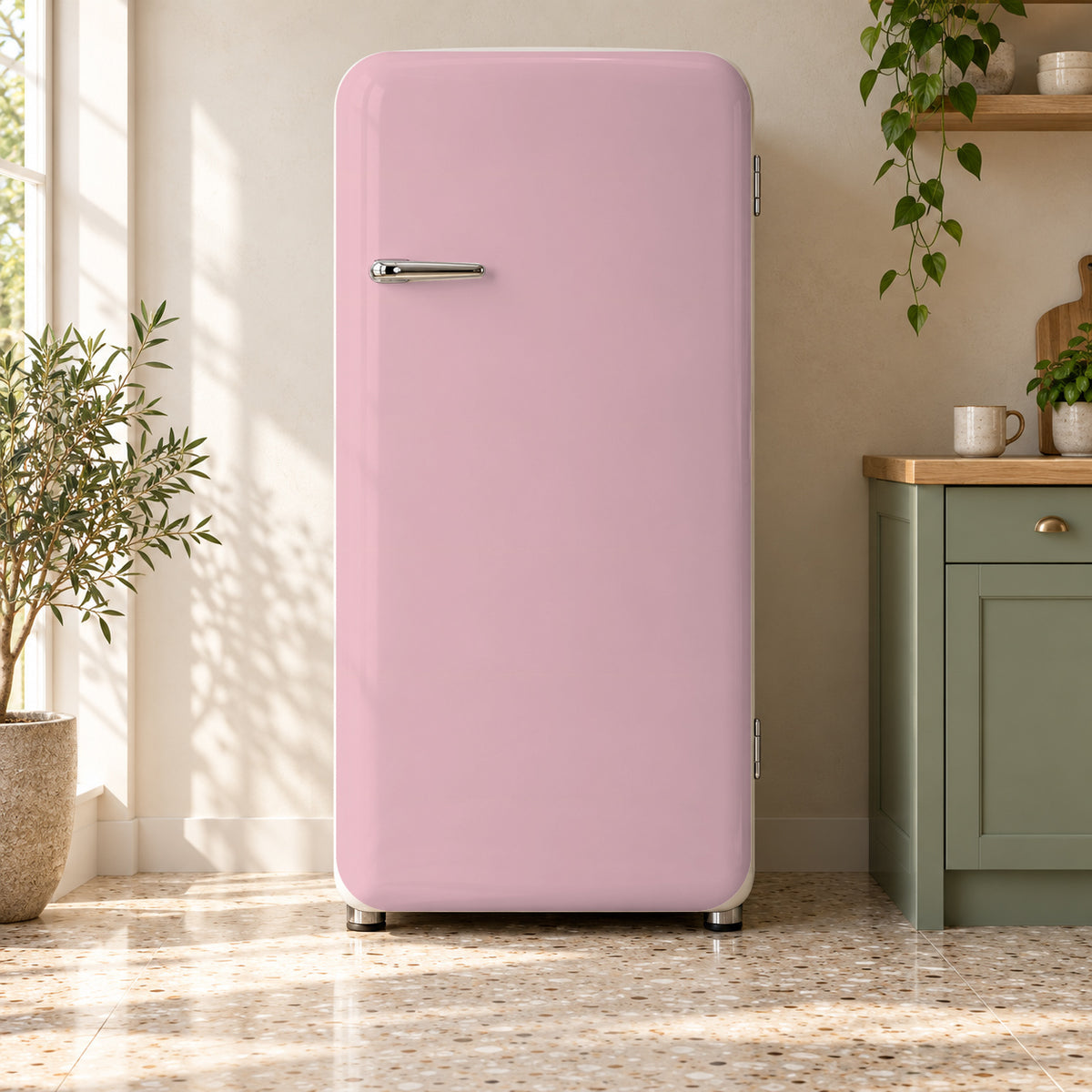 Pastel Pink fridge wrap on a retro refrigerator