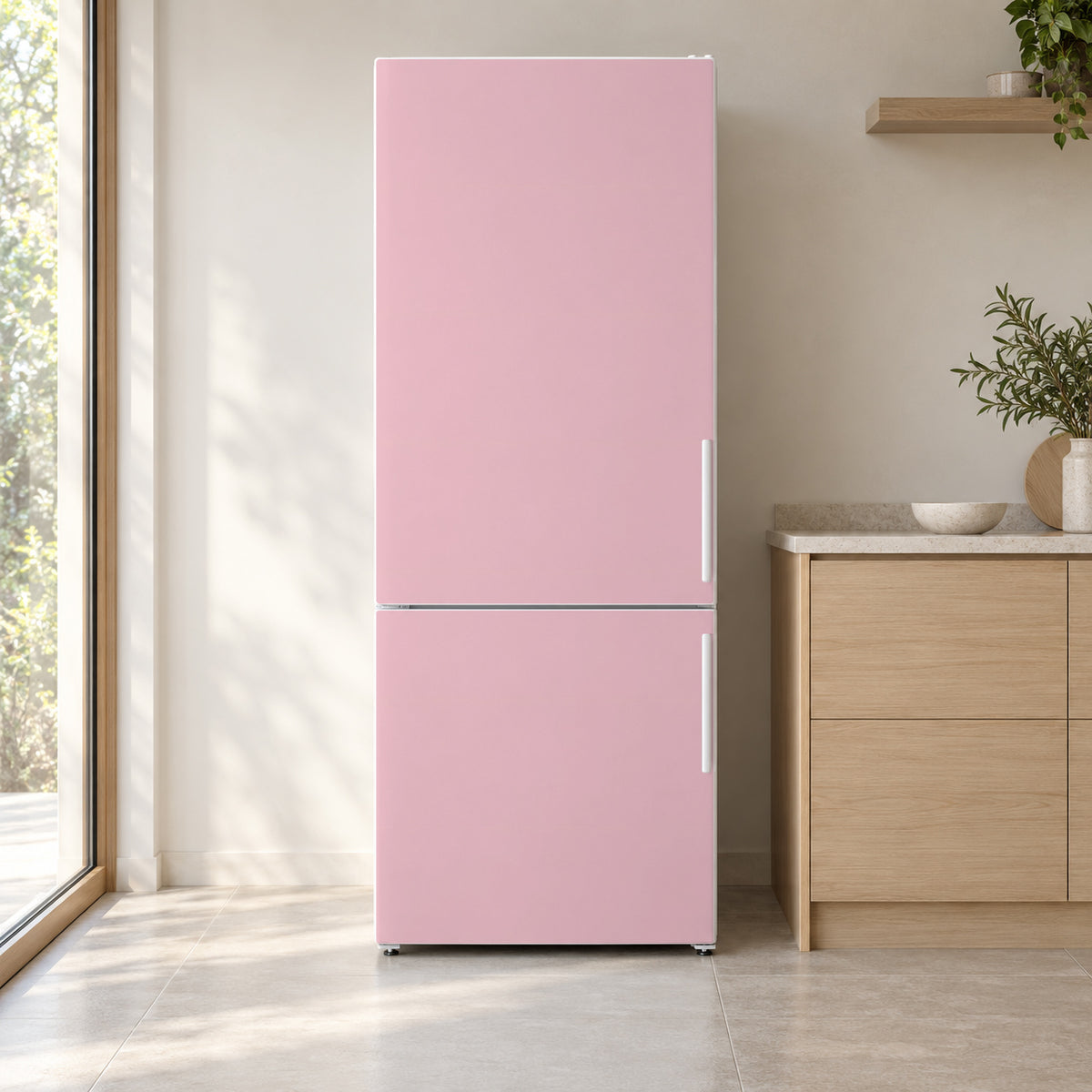 Pastel Pink fridge wrap on a white refrigerator in a bright kitchen