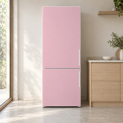 Pastel Pink fridge wrap on a white refrigerator in a bright kitchen