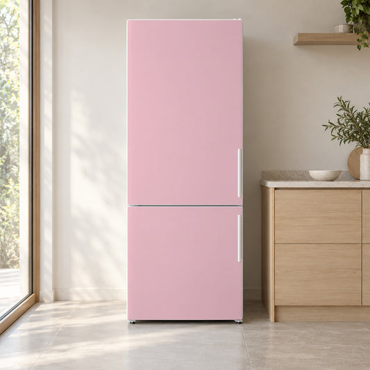 Pastel Pink fridge wrap on a white refrigerator in a bright kitchen