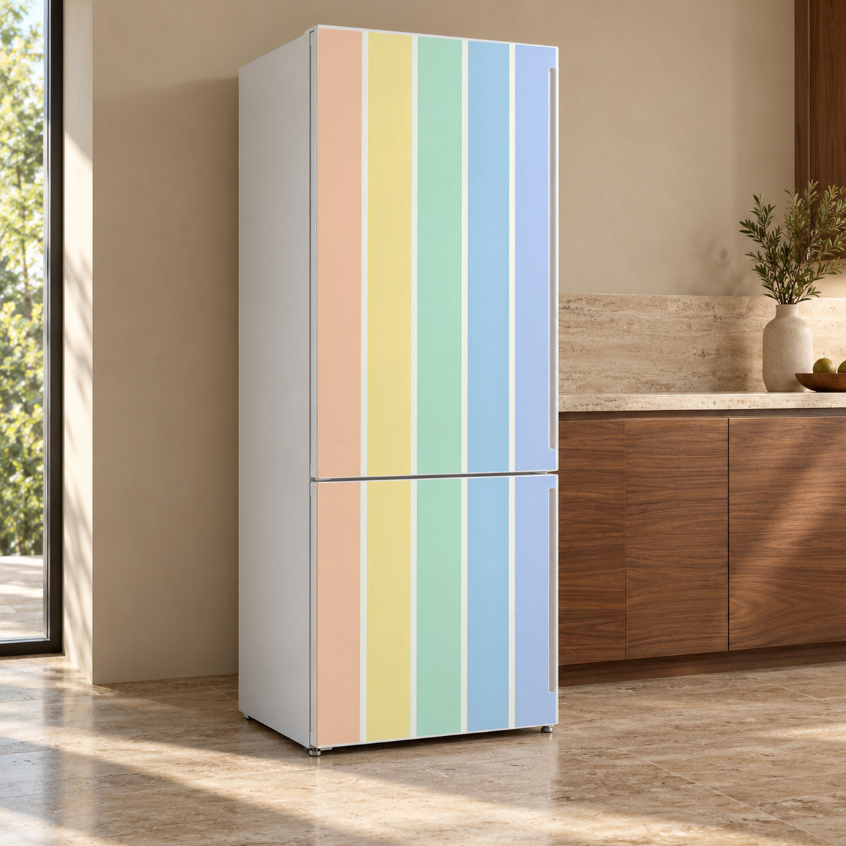 Pastel Rainbow Stripes fridge wrap, refrigerator shown at an angle