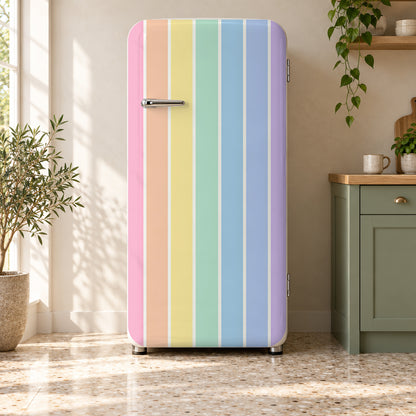 Pastel Rainbow Stripes fridge wrap on a retro refrigerator
