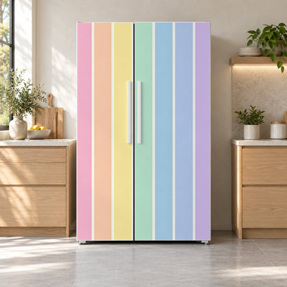 Pastel Rainbow Stripes fridge wrap on a side-by-side refrigerator