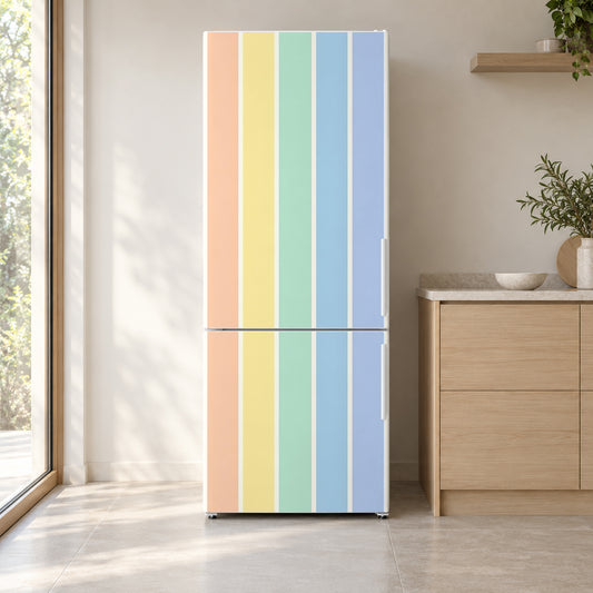 Pastel Rainbow Stripes fridge wrap on a white refrigerator in a bright kitchen