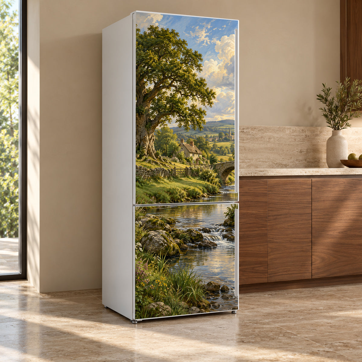 Pastoral Oil Landscape fridge wrap, refrigerator shown at an angle