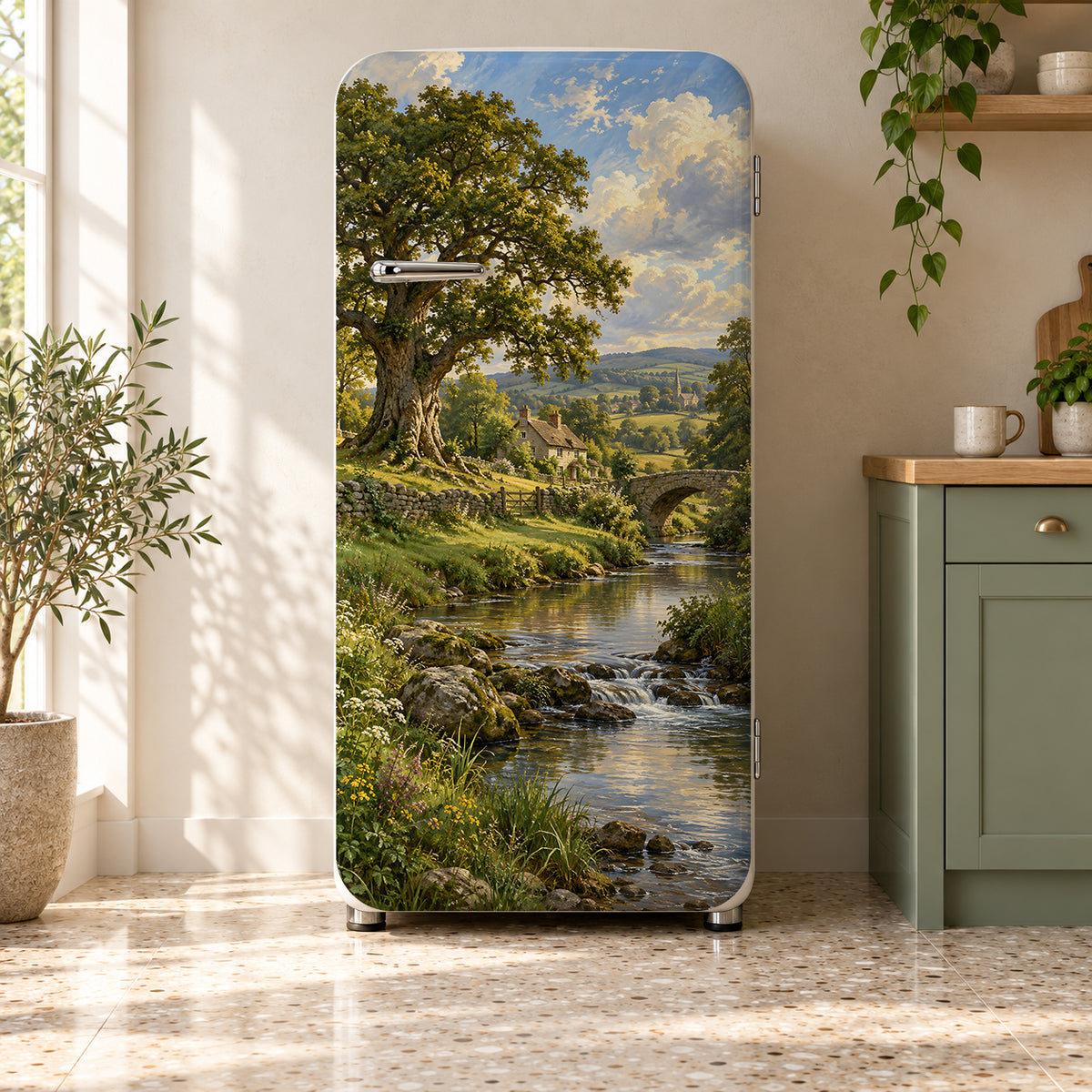 Pastoral Oil Landscape fridge wrap on a retro refrigerator