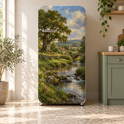 Pastoral Oil Landscape fridge wrap on a retro refrigerator