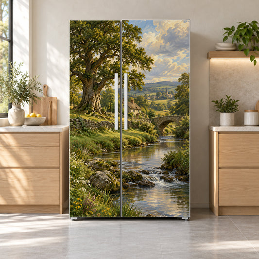 Pastoral Oil Landscape fridge wrap on a side-by-side refrigerator
