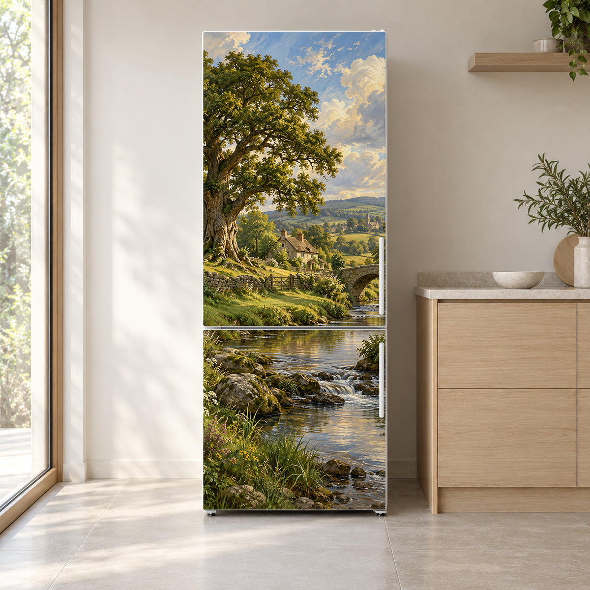 Pastoral Oil Landscape fridge wrap on a white refrigerator in a bright kitchen
