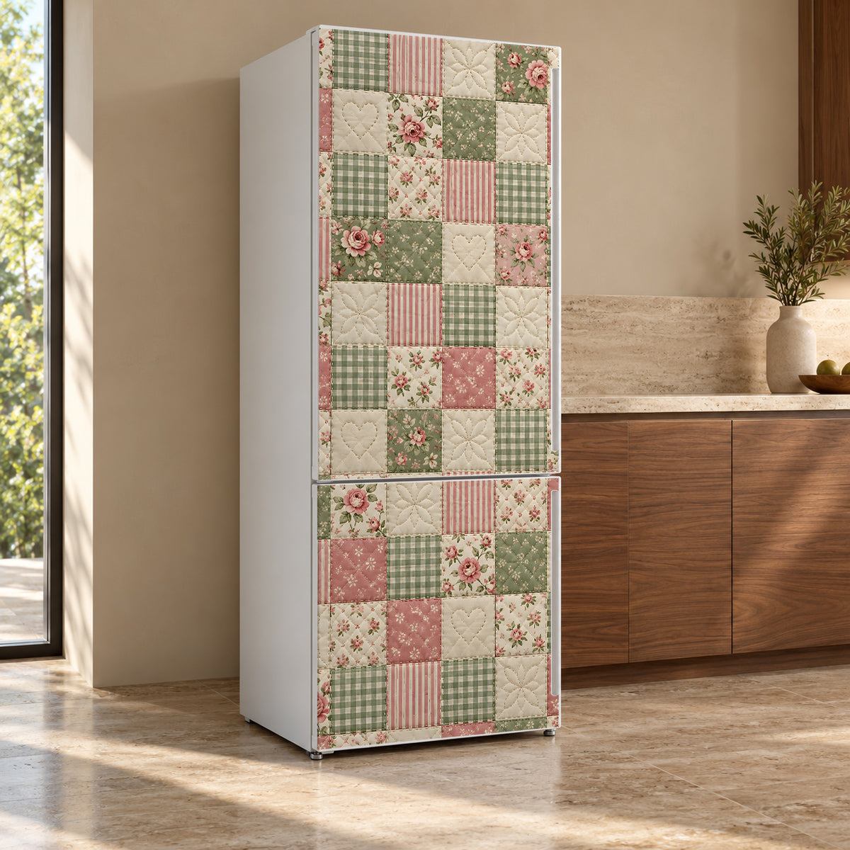 Patchwork Quilt fridge wrap, refrigerator shown at an angle