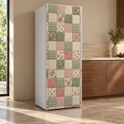 Patchwork Quilt fridge wrap, refrigerator shown at an angle
