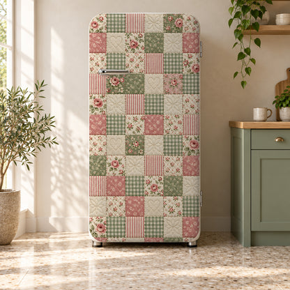 Patchwork Quilt fridge wrap on a retro refrigerator