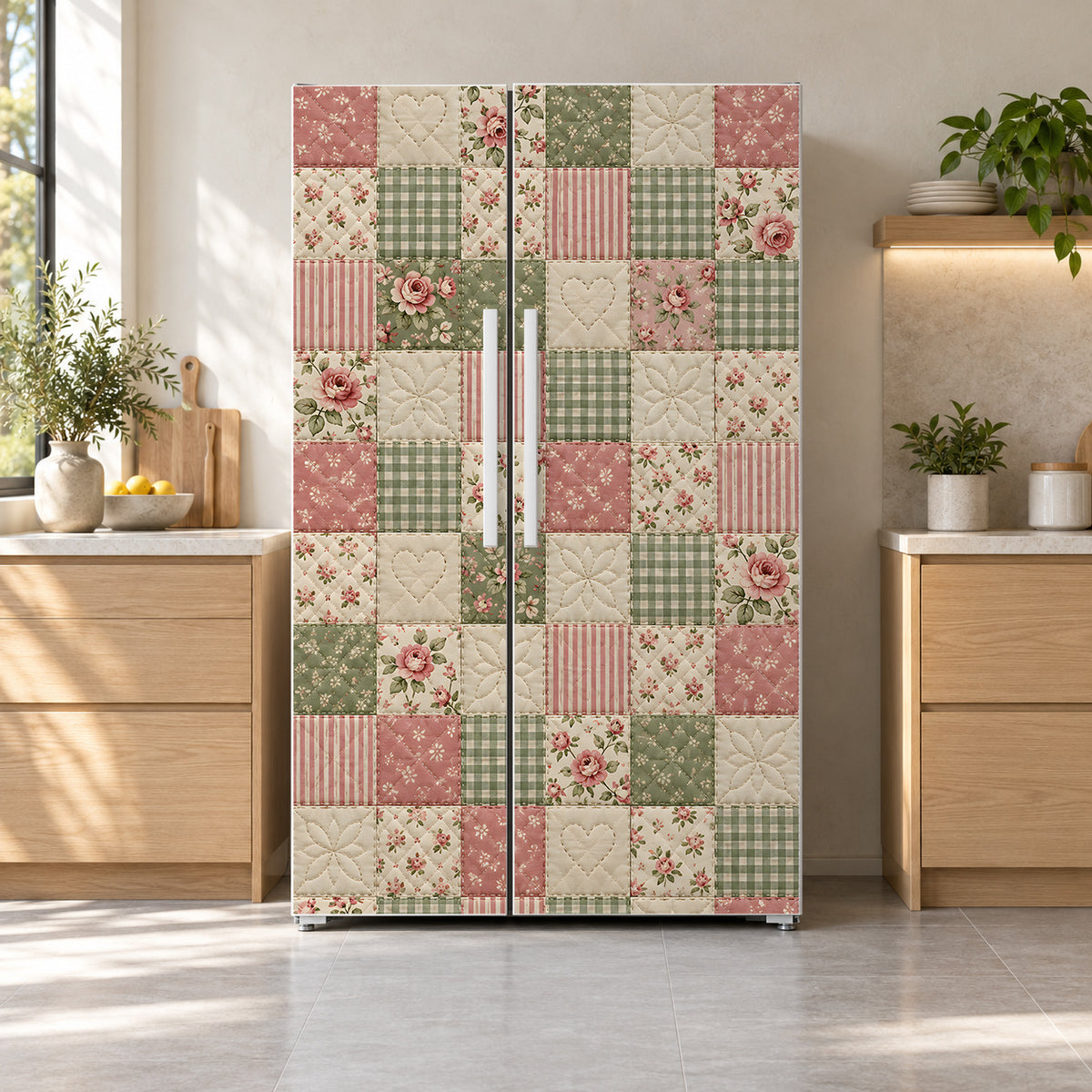Patchwork Quilt fridge wrap on a side-by-side refrigerator