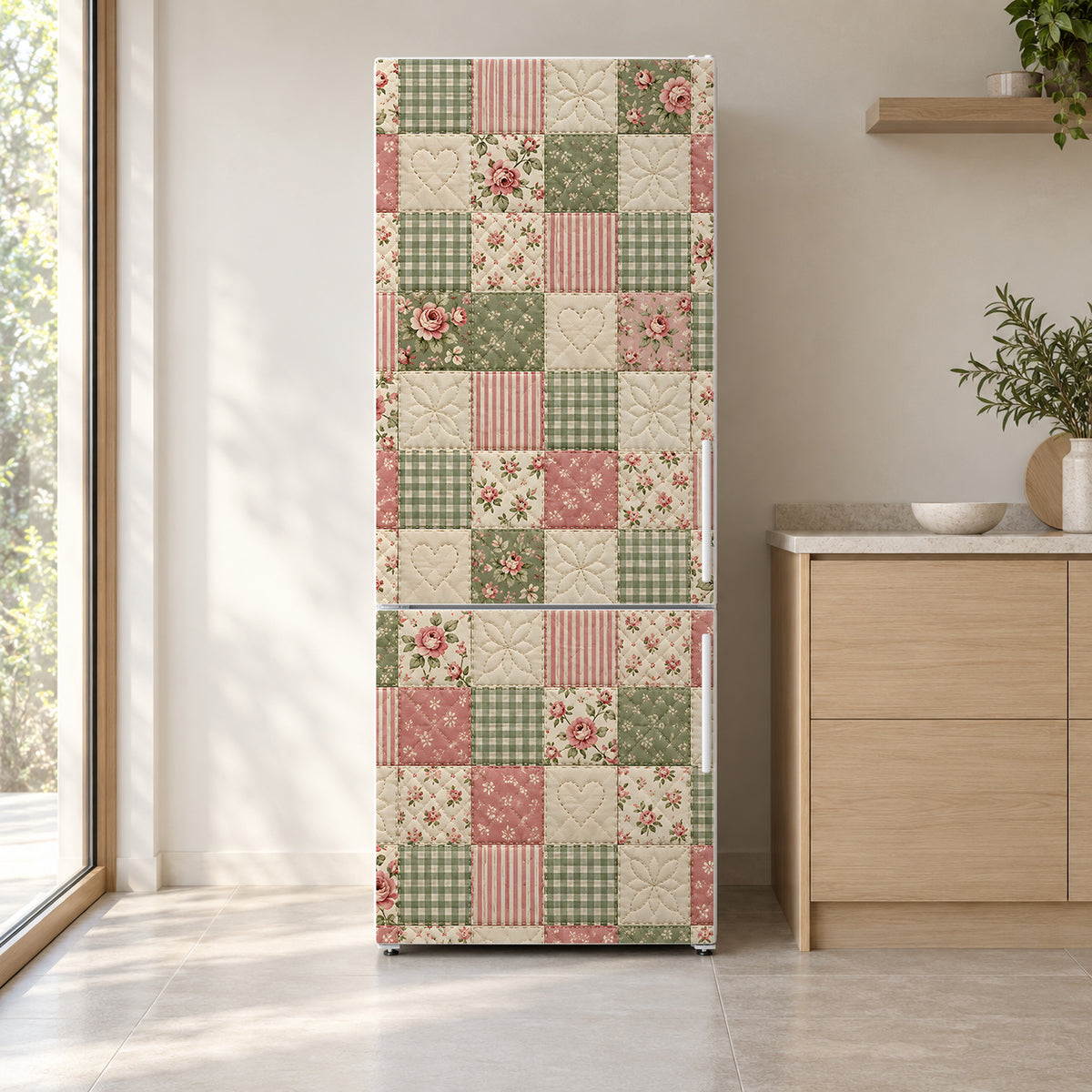 Patchwork Quilt fridge wrap on a white refrigerator in a bright kitchen