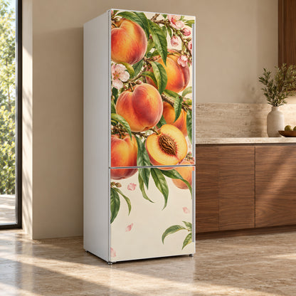Peaches fridge wrap, refrigerator shown at an angle