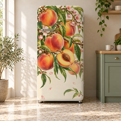 Peaches fridge wrap on a retro refrigerator