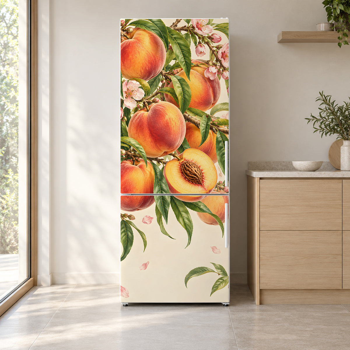 Peaches fridge wrap on a white refrigerator in a bright kitchen
