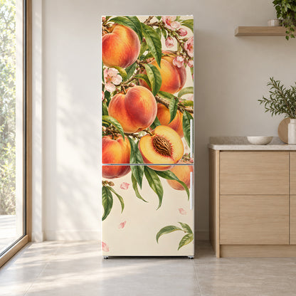 Peaches fridge wrap on a white refrigerator in a bright kitchen