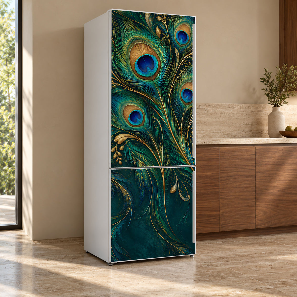 Peacock Feathers fridge wrap, refrigerator shown at an angle