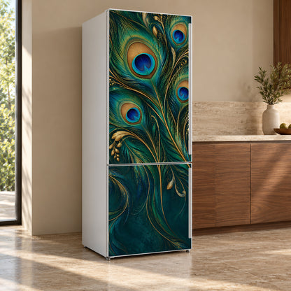 Peacock Feathers fridge wrap, refrigerator shown at an angle
